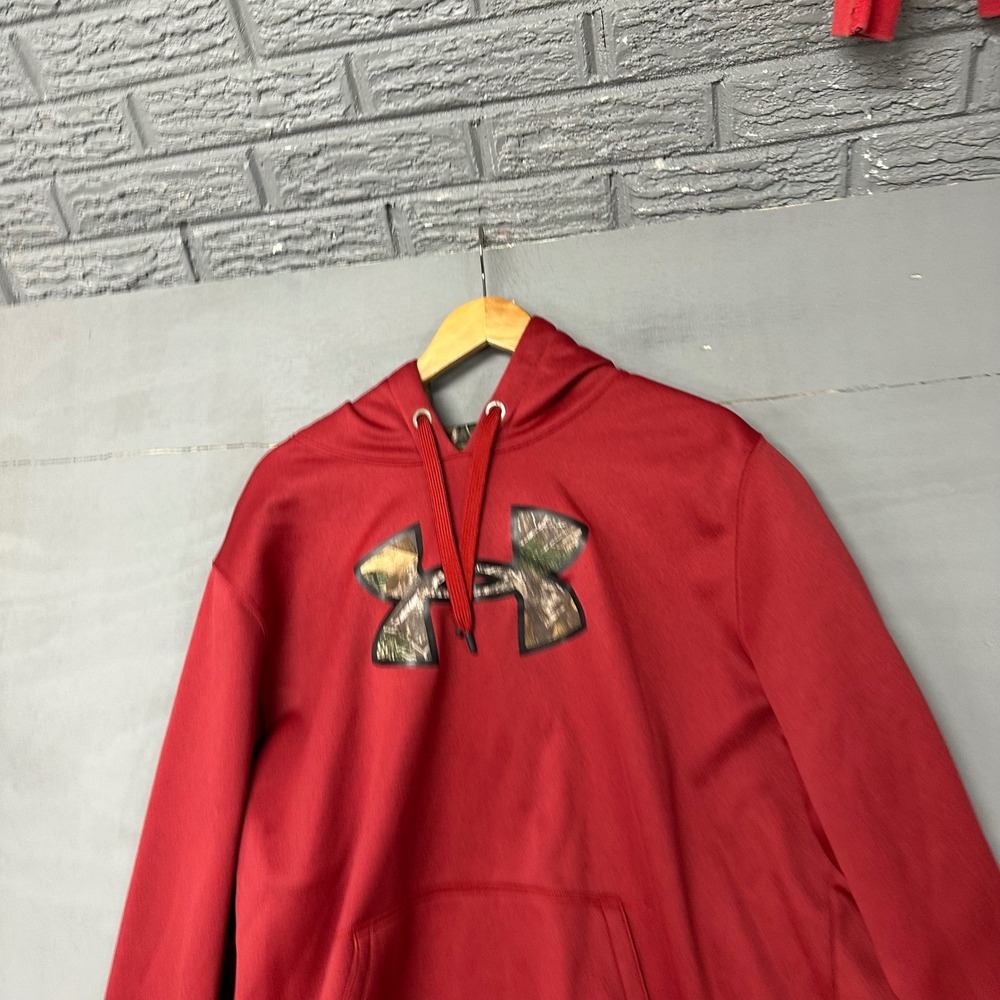 Under Armour Mens Red Camo Big Logo Fleece Pullover Hoodie 2XL Loose Fit